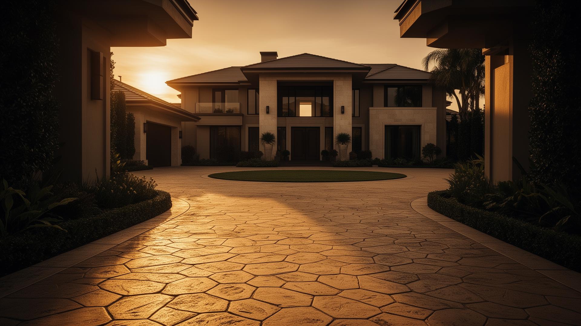 Luxury stamped concrete driveway leading to an estate home at golden hour